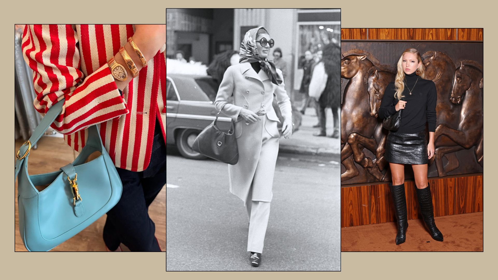 A collage of the Gucci Jackie bag, as seen on Jackie Kennedy and Lila Moss.