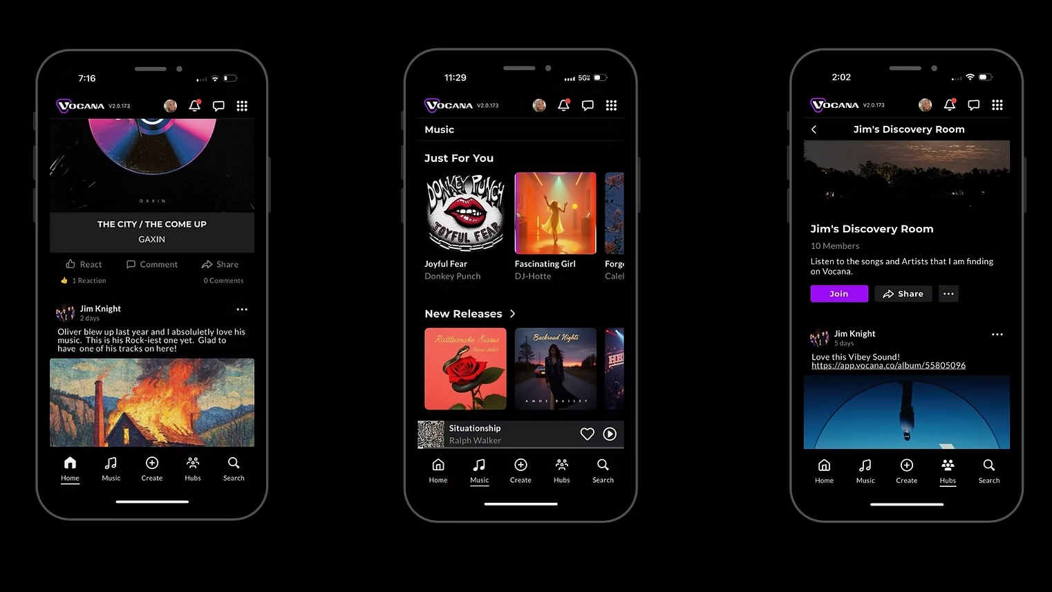 Three phones side by side on a black background showing the Vocana music streaming app.
