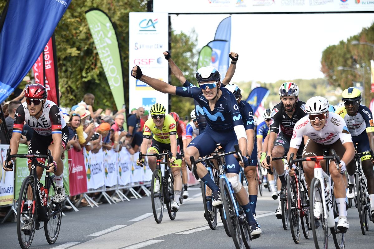 Tour du Limousin Nouvelle Aquitaine 2022 55th Edition 2nd stage Le Grand Perigueux Champcevinel Riberac 1847 km 17082022 Alex Aranburu ESP Movistar Team Matteo Trentin ITA UAE Team Emirates photo Tommaso PelagalliSprintCyclingAgency2022