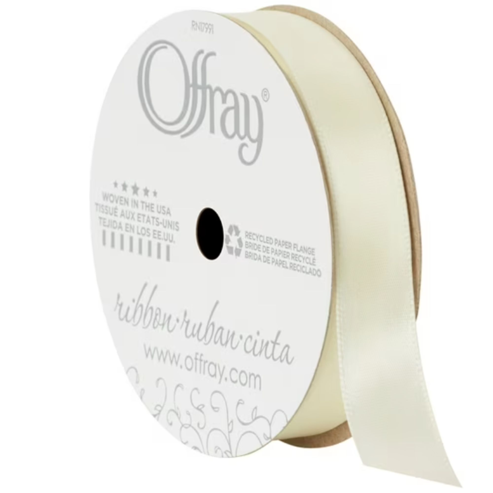 Offray Ribbon, Single Face Satin Ribbon, Antique White, 5/8&quot; x 18 feet, Polyester Ribbon, 1 Each