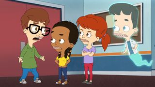 Four characters talk in a hallway in Big Mouth on Netflix