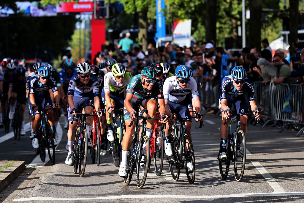 ESSEN GERMANY AUGUST 26 LR Nils Politt of Germany and Team BORA hansgrohe Kevin Vermaerke of The United States and Team dsm firmenich White Best Young Rider Jersey and Florian Stork of Germany and Team dsm firmenich compete during the 38th Deutschland Tour 2023 Stage 3 a 1738km stage from Arnsberg to Essen UCIWT on August 26 2023 in Essen Germany Photo by Christof KoepselGetty Images
