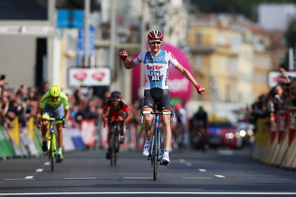 Tim Wellens of Belgium and Lotto Soudal celebrates as he crosses the finish line to win stage 7 of the 2016 Paris-Nice