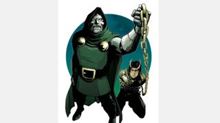 Doctor Doom holding Loki on a chain during the Degree Absolute comic story.