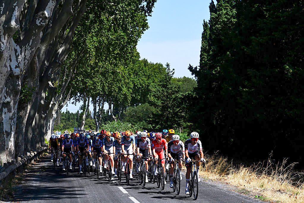 FONT-ROMEU, FRANCE - AUGUST 24: A general view of Tadej Pogacar of Slovenia and UAE Team Emirates XRG - Red Leader Jersey and the peloton competing during the La Vuelta - 81st Tour of Spain 2026, Stage 3 a 174km from Gruissan - Aude to Font Romeu 1941m / #UCIWT / on August 24, 2026 in Font Romeu, France. (Photo by Tim de Waele/Getty Images)
