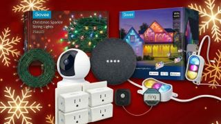 A collage of smart home products for the holidays
