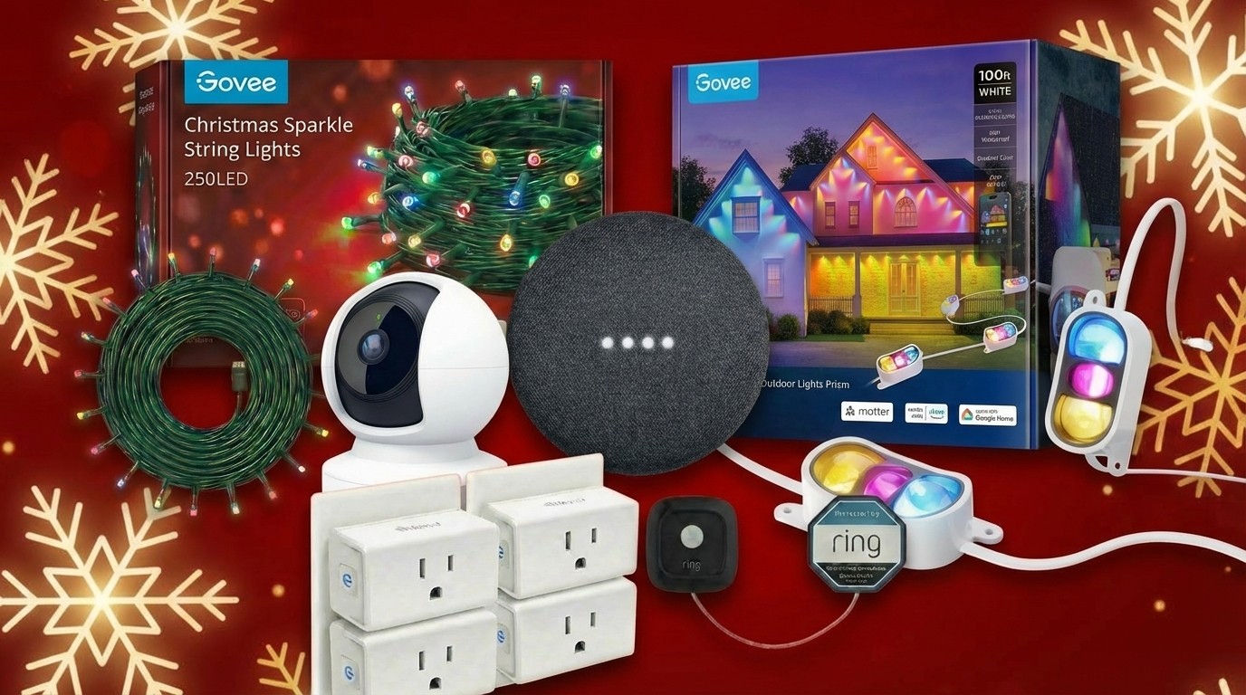 A collage of smart home products for the holidays