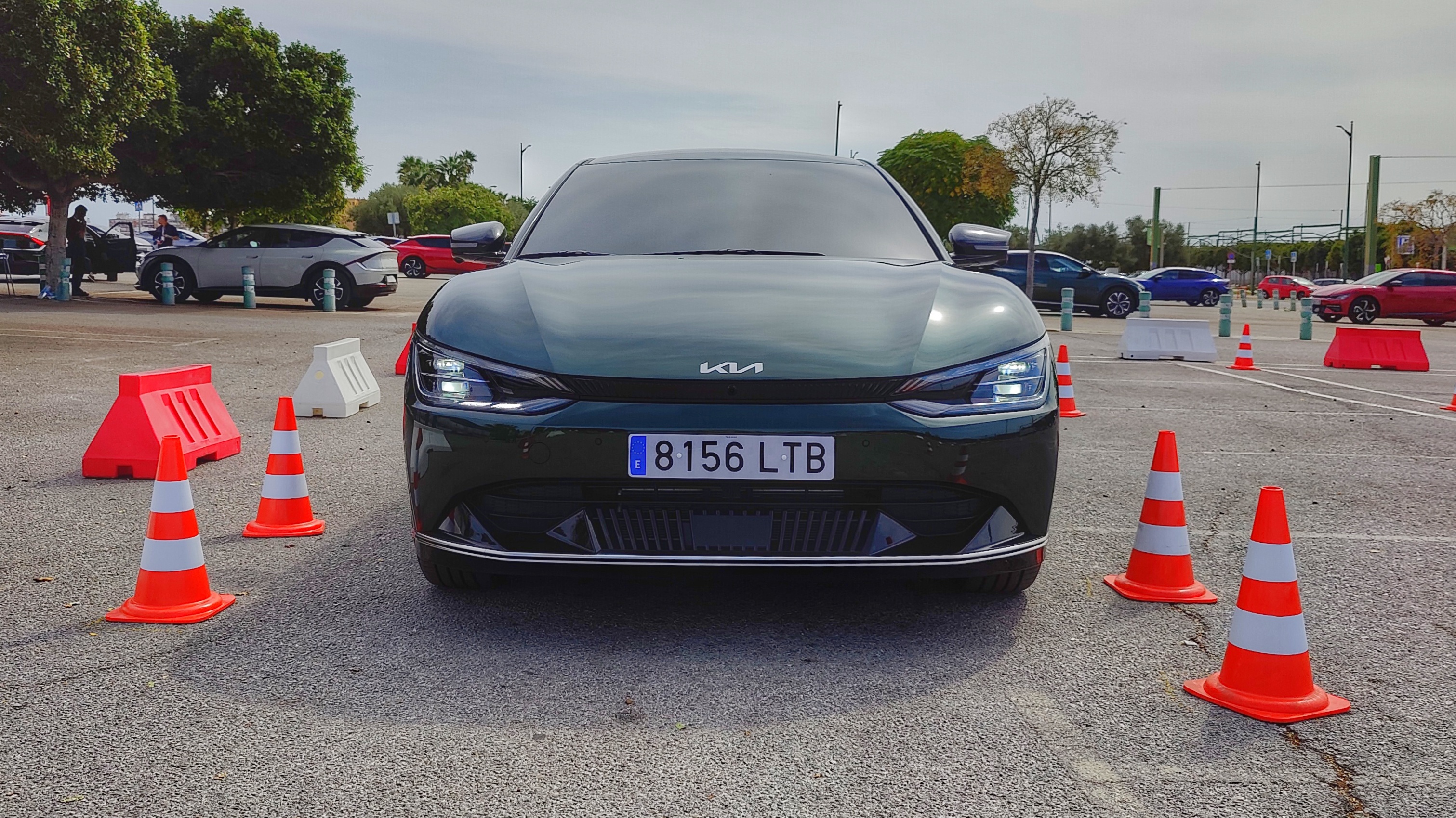 From view of a green Kia EV6 in a parking lot