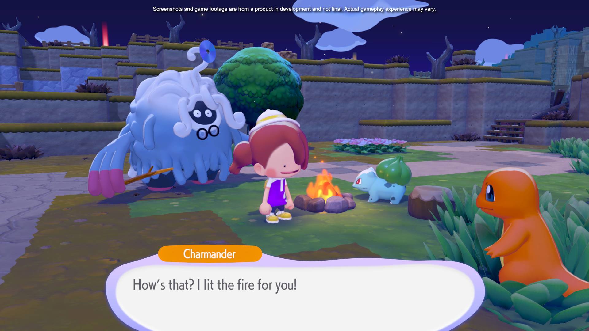 Charmander lights a fire for the player in Pokemon Pokopia.