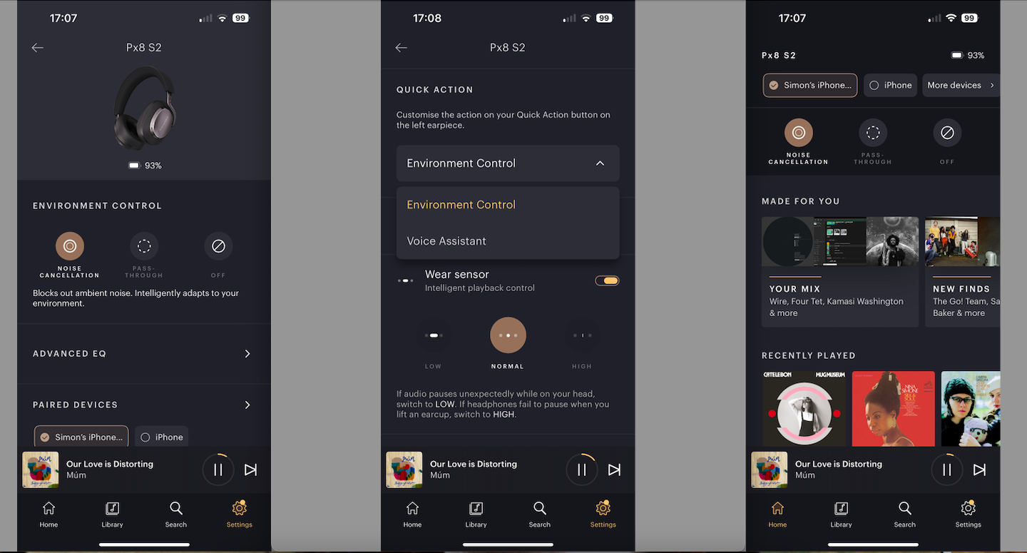 Screenshots of the Bowers &amp;amp; Wilkins app, while using the Px8 S2 over-ear headphones
