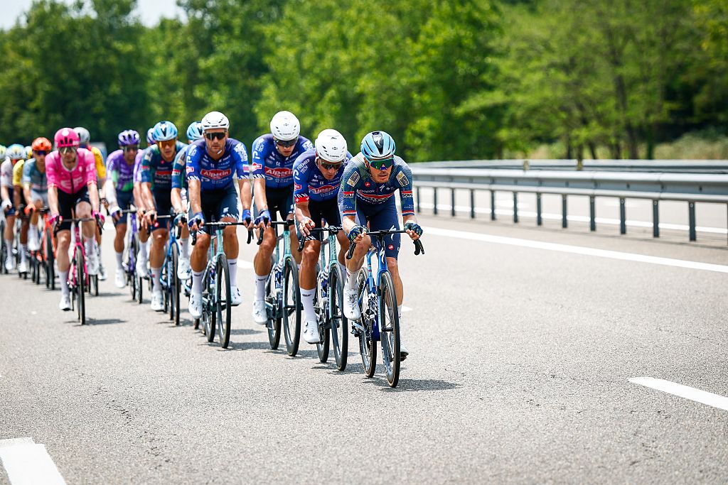 Dutch Dylan van Baarle of Soudal Quick-Step and The pack of riders pictured in action during stage 7 of the 2026 Tour de France cycling race, 175km from Hagetmau to Bordeaux, on Friday 10 July 2026. The 113th edition of the Tour de France starts on Saturday 4 July in Barcelona, Spain, and will finish in Paris, France on the 26th of July. BELGA PHOTO POOL LUCA BETTINI (Photo by POOL LUCA BETTINI / BELGA MAG / Belga via AFP)