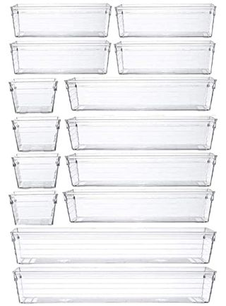 14 Pcs Kitchen Drawer Organiser Storage Trays for Makeup Bedroom Office, Desk Versatile, Plastic, Clear