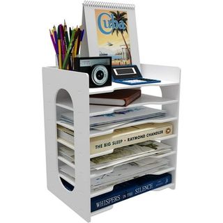 Plastic white Paper Organizer tower with seven shelves/trays.