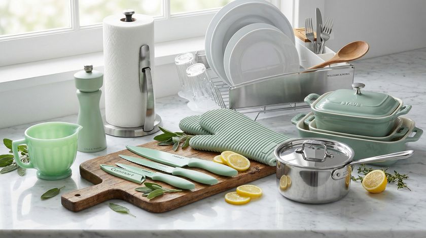 Collection of mint green and stainless steel kitchen accessories on kitchen counter