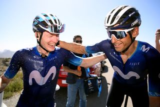 JABAL HATT OMAN FEBRUARY 13 LR Stage winner Matteo Jorgenson of The United States and Movistar Team celebrates at finish line with his teammate Carlos Verona Quintanilla of Spain after the 12th Tour of Oman 2023 Stage 3 a 1518km stage from Al Khobar to Jabal Hatt 1000m TourofOman on February 13 2023 in Jabal Hatt Oman Photo by Alex BroadwayGetty Images