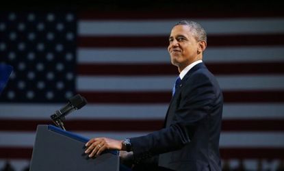 After being re-elected for a second term, U.S. President Barack Obama delivers his victory speech in Chicago, Nov. 6.
