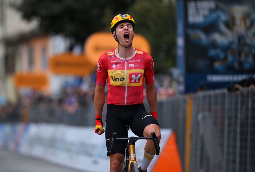 PERGOLA ITALY MARCH 14 Fredrik Dversnes of Norway and Team UnoX Mobility celebrates at finish line as stage winner during the 60th TirrenoAdriatico 2025 Stage 5 a 205km stage from Ascoli Piceno to Pergola UCIWT on March 14 2025 in Pergola Italy Photo by Tim de WaeleGetty Images