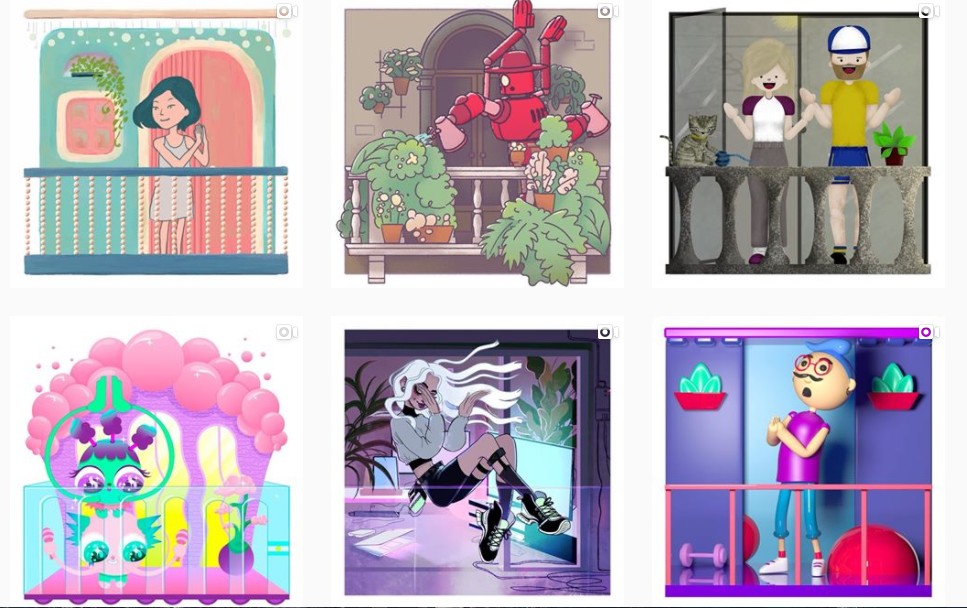 Six animations of characters clapping on a balcony