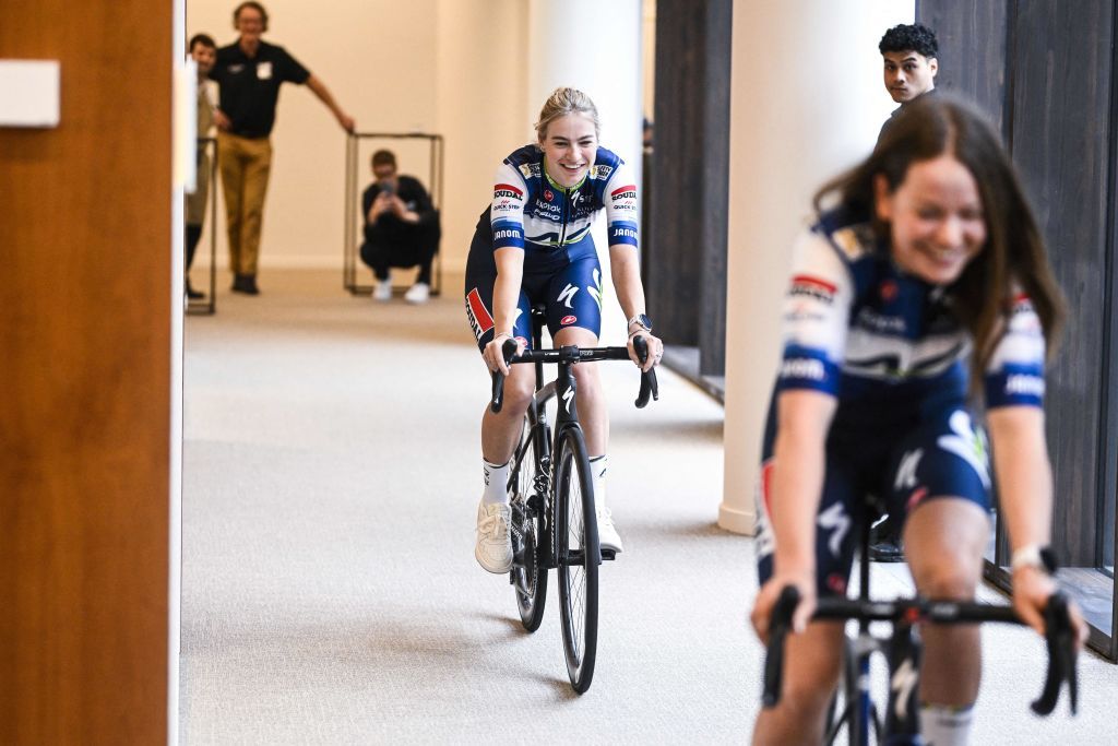 AG Insurance Soudal QuickStep Senne Knaven pictured in action during the presentation of the 2023 roster of the AG Insurance Soudal QuickStep womens cycling team Thursday 23 February 2023 in Brussels BELGA PHOTO TOM GOYVAERTS Photo by Tom Goyvaerts BELGA MAG Belga via AFP Photo by TOM GOYVAERTSBELGA MAGAFP via Getty Images
