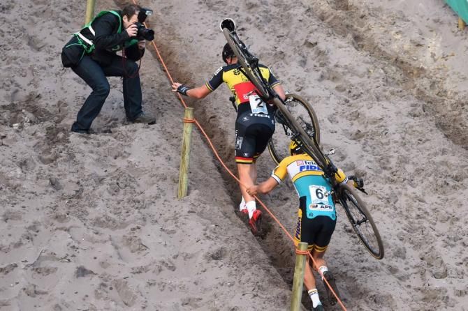 Sven Nys (Crelan - AA Drink Team) leads Tom Meeusen (Telenet Fidea Cycling Team) up the hill