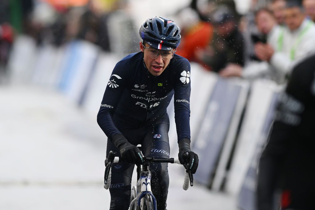 CHANTADA SPAIN FEBRUARY 23 Lenny Martinez of France and Team Groupama FDJ crosses the finish line during the 3rd O Gran Camio The Historical Route 2024 Stage 2 a 1512km stage from Taboada to Chantada 481m on February 23 2024 in Chantada Spain Photo by Dario BelingheriGetty Images