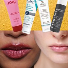 a collage of two women's mouths close up over a bumpy yellow background with bottles of skincare for hormonal acne products at the top