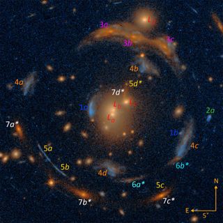 A swirled cosmic object with numbers drawn on top to differentiate between repeats of the same galaxy.