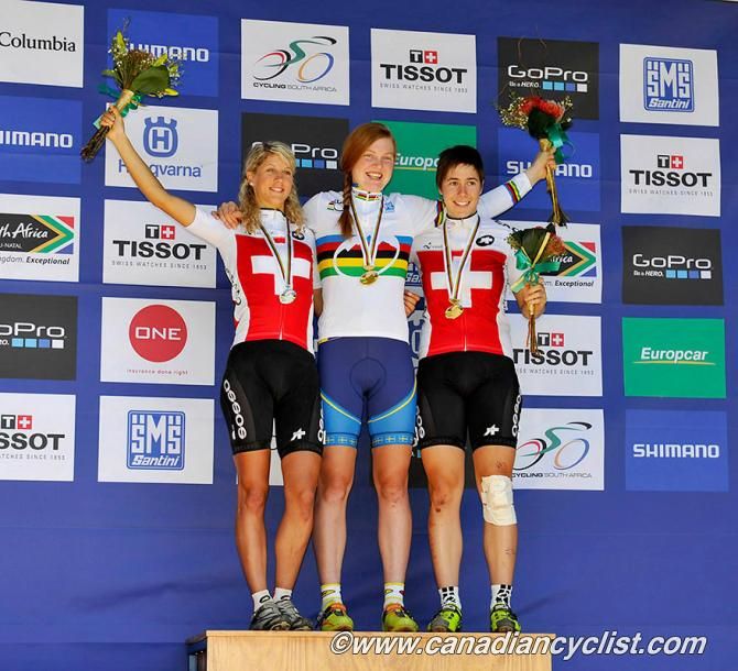Elite women's eliminator world championship podium: Jolanda Neff, Alexandra Engen, Linda Indergand