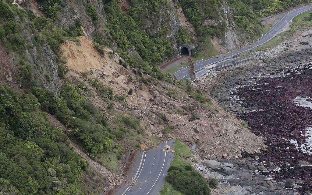 The 7.8-magnitude earthquake that struck New Zealand on Nov. 14, 2016, triggered around 100 landslides. Shown here, a train track and state highway can be seen destroyed by landslide slips.