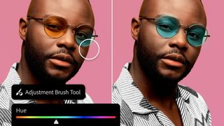 Two images of man wearing sunglasses, showing new Adjustment Brush in Photoshop