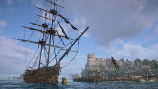 Assassin's Creed Black Flag Resynced screenshot showing a huge ship docked at port