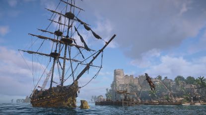 Assassin's Creed Black Flag Resynced screenshot showing a huge ship docked at port
