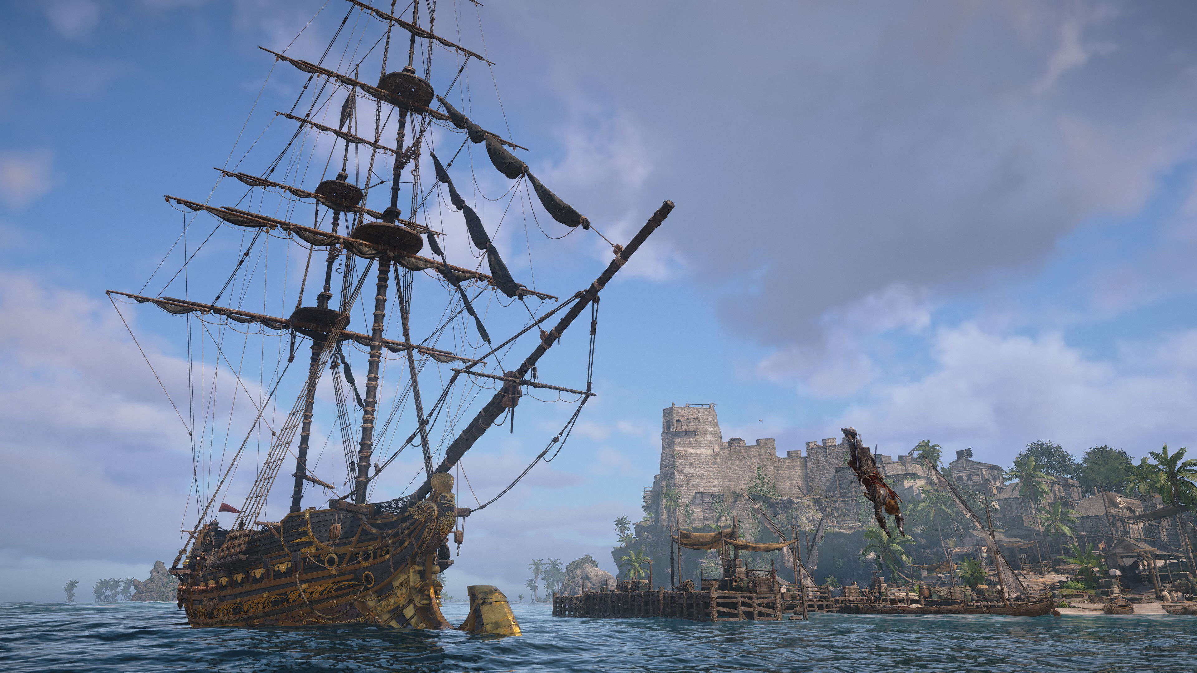 Assassin's Creed Black Flag Resynced screenshot showing a huge ship docked at port