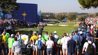 Patrick Cantlay takes a tee shot in the Friday morning foursomes in the Ryder Cup