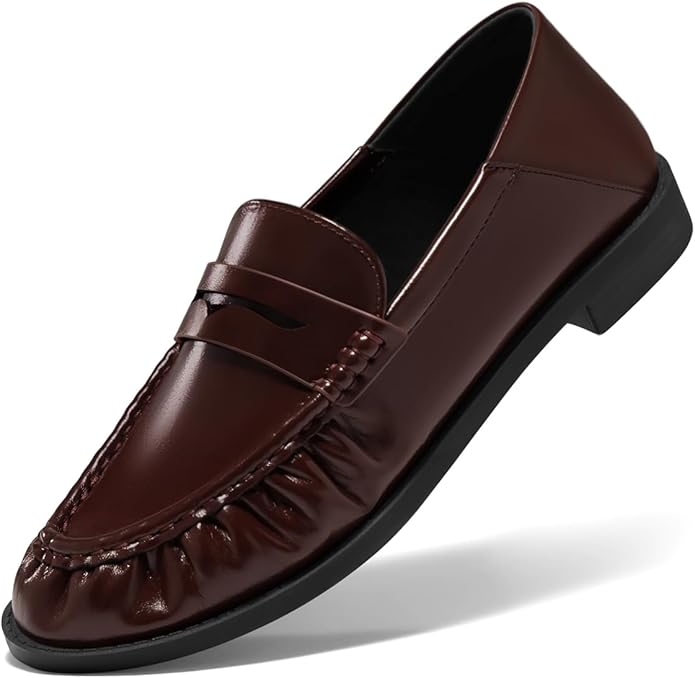 Coutgo, Coutgo Penny Loafers for Women Comfortable Slip on Shoes Collapsible Heel Closed Toe Dressy Casual Work Flats, Chocolate, Size 9.5