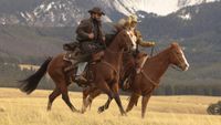 From left to right: Rip and Beth riding horses. 