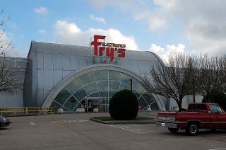 The exterior of Fry's Electronics in Webster, Texas was shaped to resemble space station modules.