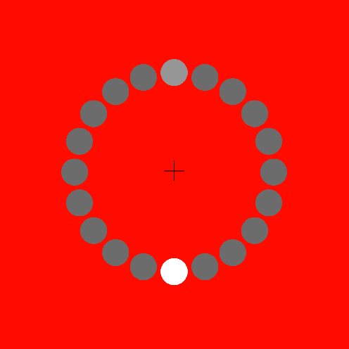 A gif of an optical illusion showing dots on a red background