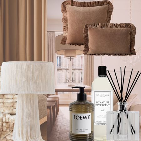 collage of different modern parisian apartments with apartment essentials on top like a small space cream lamp, hand soap, detergent, a diffuser, and pillows