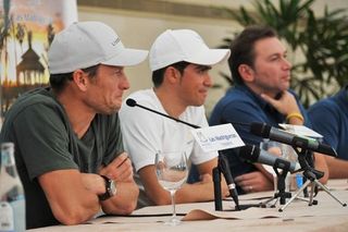 Armstrong, Contador and Bruyneel react to reporters' questions.