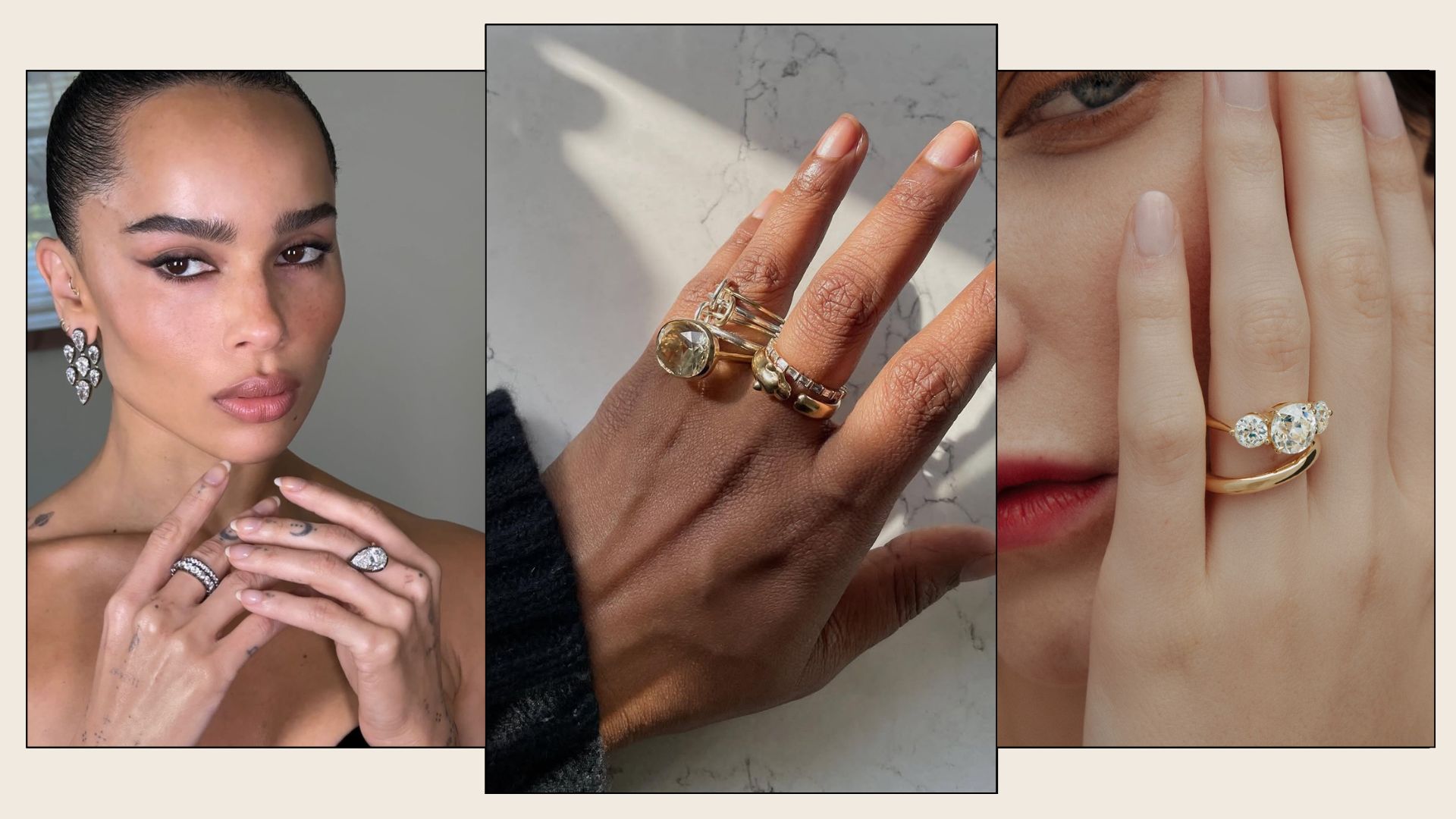 A collage of the biggest engagement rings of 2026. 