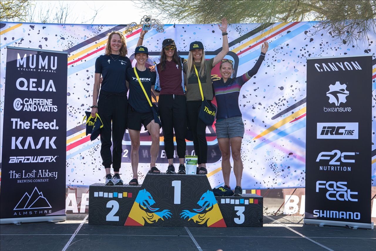 Pro Women's podium at 2024 BWR Arizona, winner Sofia Gomez Villafa&ntilde;e on top step