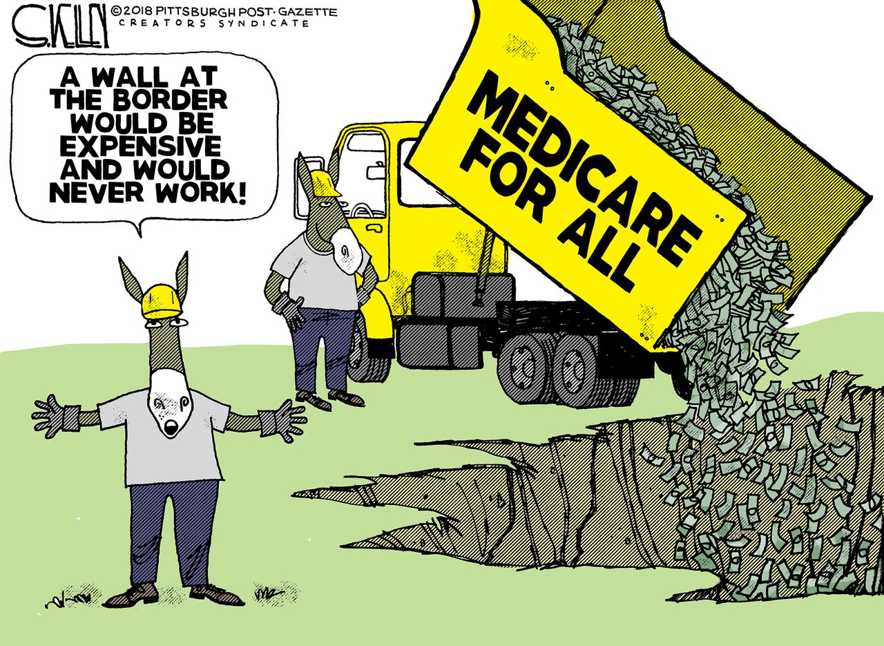 Political cartoon U.S. democrats Medicare for all border wall Trump