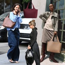 A collage featuring Katie Holmes and Emily Blunt carrying Cuyana's System Tote, as well as campaign images of the bag.