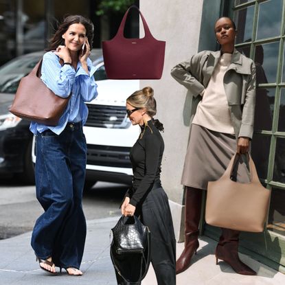 A collage featuring Katie Holmes and Emily Blunt carrying Cuyana's System Tote, as well as campaign images of the bag.