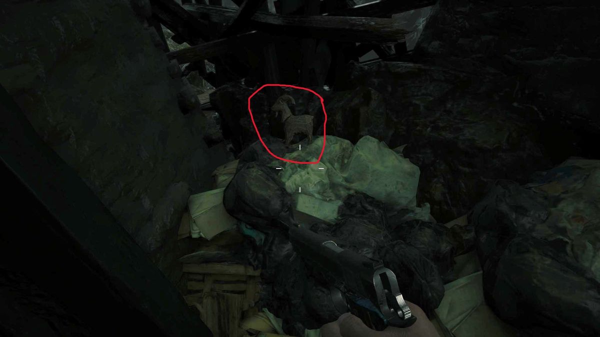 Edited in-game screenshot of a Goat of Warding in Resident Evil Village