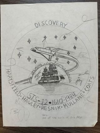 Patrick Mullane's original proposal for his father's STS-41D mission patch as drawn in 1982 or 1983.