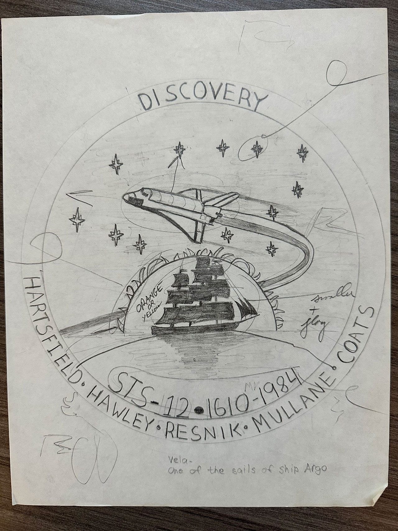 Patrick Mullane's original proposal for his father's STS-41D mission patch as drawn in 1982 or 1983.