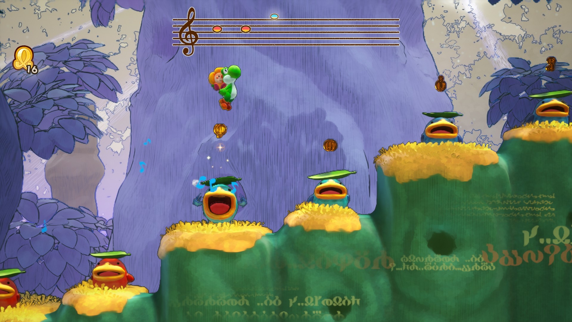 Yoshi bounces on musical frogs in Yoshi and the Mysterious Book