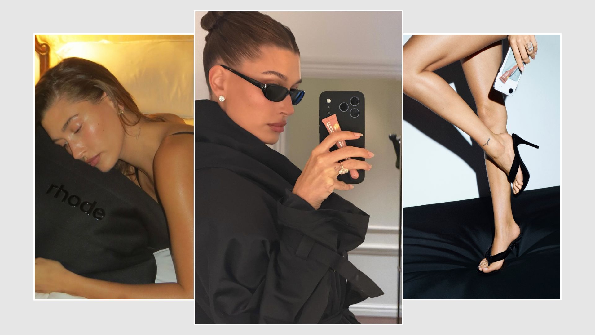 A collage of Hailey Bieber with the new Rhode Birthday Edit